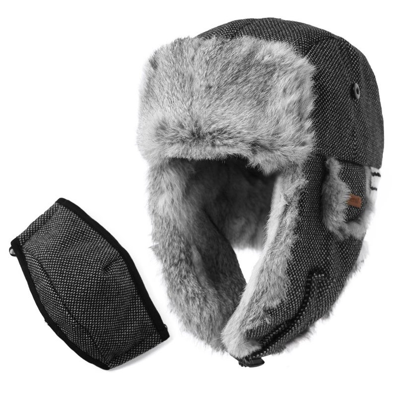 Comhats Winter 100% Real Rabbit Fur Aviator Trapper Hat for Men Ear Flaps Russian Ushanka Cold Weather with Mask Black Large - Image 1